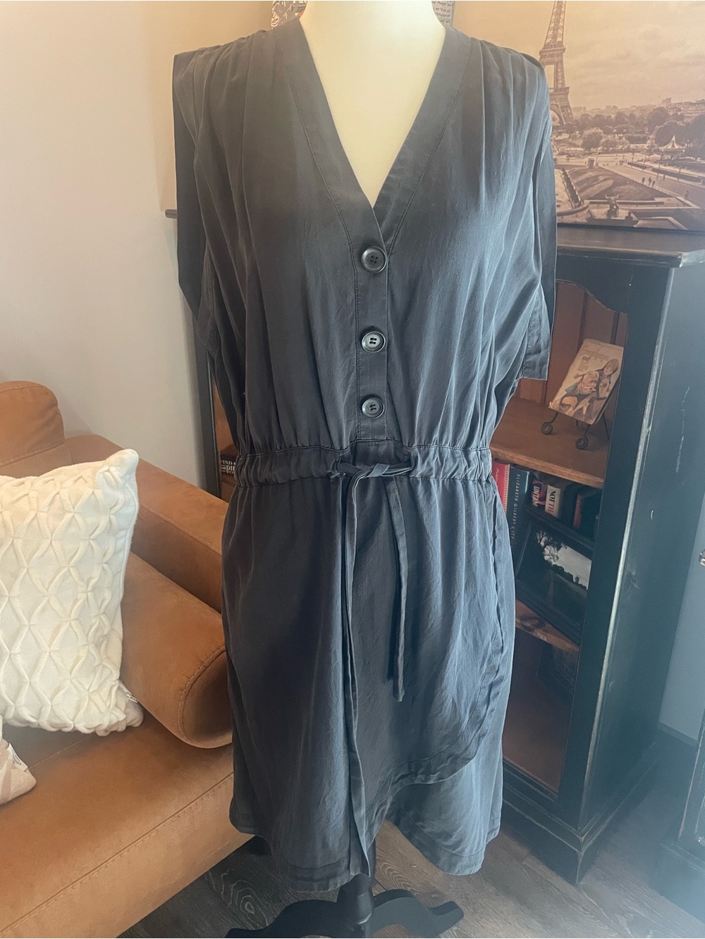 V-Neck Grey Dress with Drawstring Waist